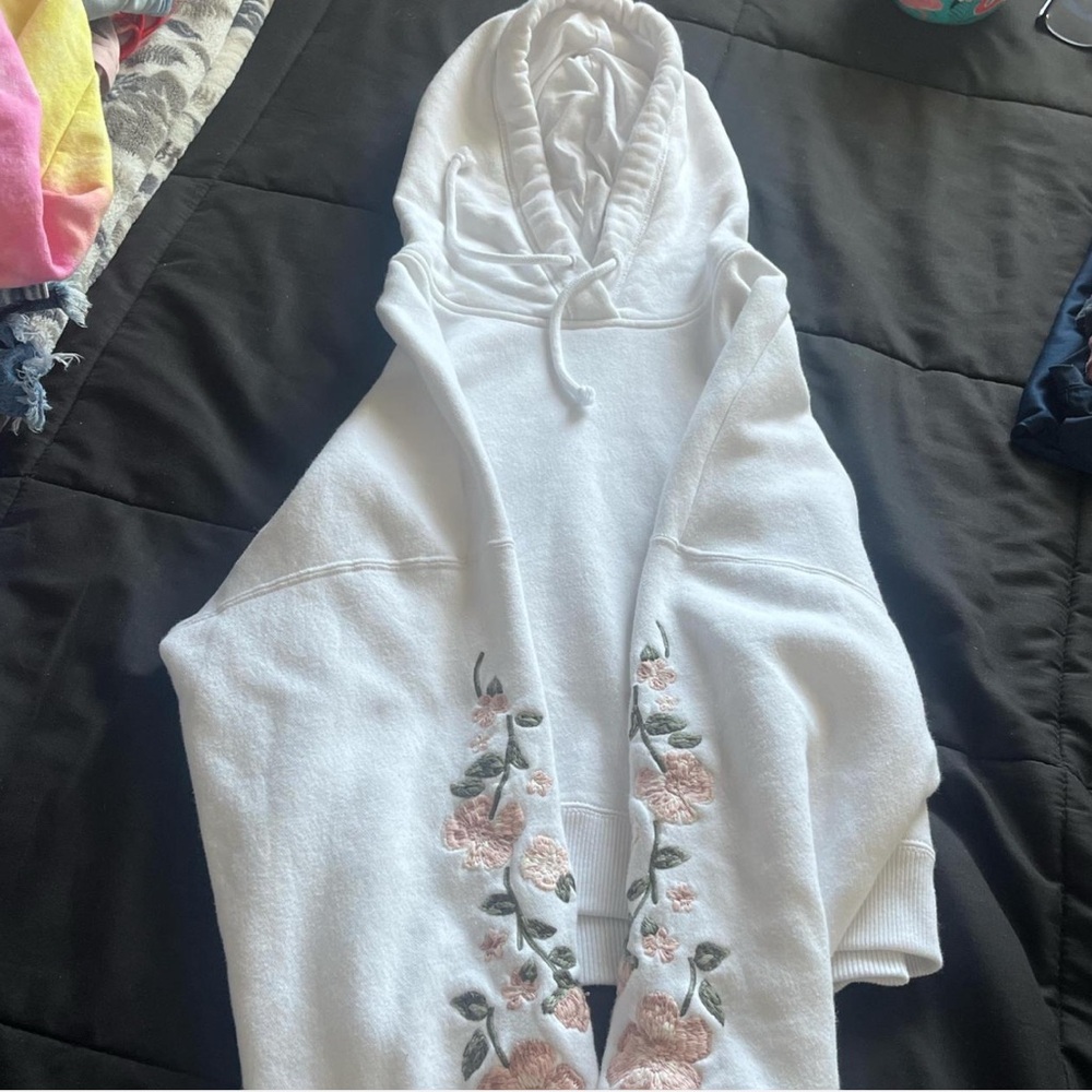 Hollister White Hoodie with Pink Floral Embroidery